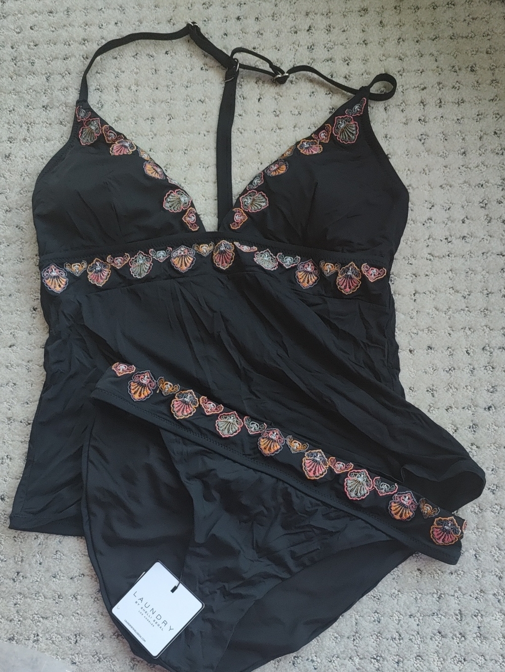 Laundry By Shelli Segal Black Swim Tankini with Multicolor Shell Embroidery